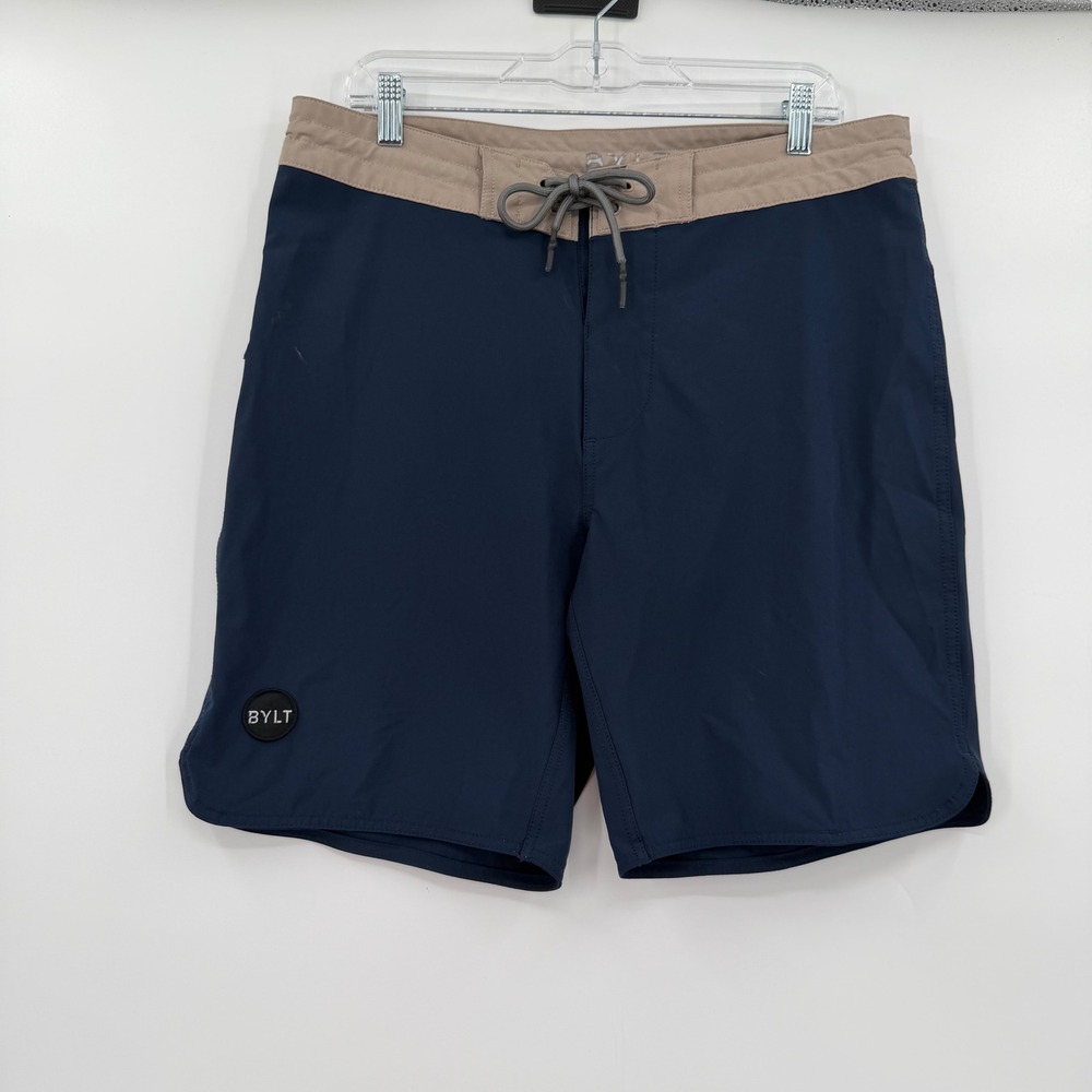 BYLT Basics Mens Board Shorts Navy Blue Tan Size Large Swim Trunks Activewear